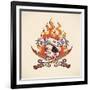 Vintage Tattoo Design with a Skull of Pirate, Swords, Flame and Banner. Raster Image. Find an Edita-Arty-Framed Art Print