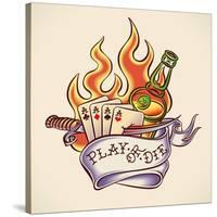Vintage Tattoo Design with Aces, Dagger, Rum, Flame and Banner. Raster Image. Find an Editable Vers-Arty-Stretched Canvas
