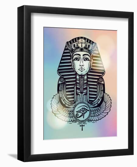 Vintage Tattoo Vector Pharaoh with Winged Ankh.-Katja Gerasimova-Framed Art Print