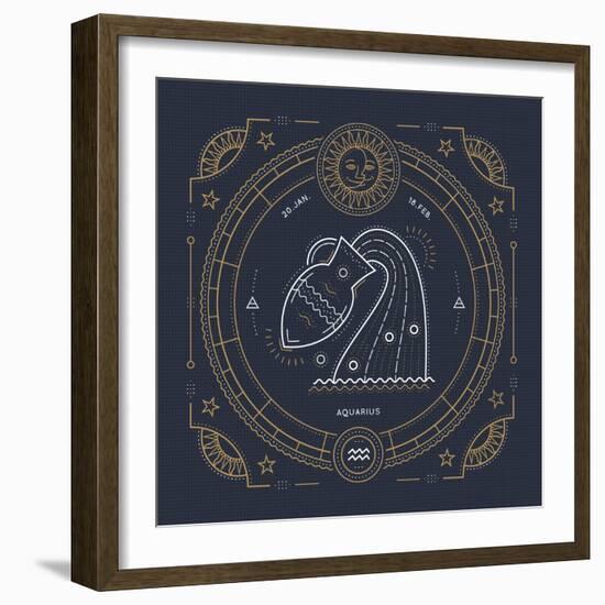 Vintage Thin Line Aquarius Zodiac Sign Label. Retro Vector Astrological Symbol, Mystic, Sacred Geom-painterr-Framed Art Print