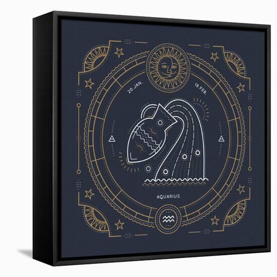 Vintage Thin Line Aquarius Zodiac Sign Label. Retro Vector Astrological Symbol, Mystic, Sacred Geom-painterr-Framed Stretched Canvas