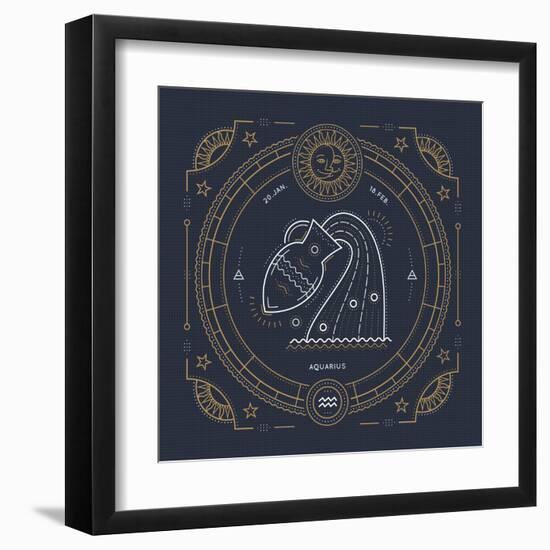 Vintage Thin Line Aquarius Zodiac Sign Label. Retro Vector Astrological Symbol, Mystic, Sacred Geom-painterr-Framed Art Print