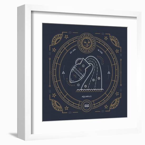 Vintage Thin Line Aquarius Zodiac Sign Label. Retro Vector Astrological Symbol, Mystic, Sacred Geom-painterr-Framed Art Print