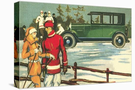 Vintage Touring Car with Skiers-null-Stretched Canvas