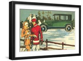 Vintage Touring Car with Skiers-null-Framed Art Print