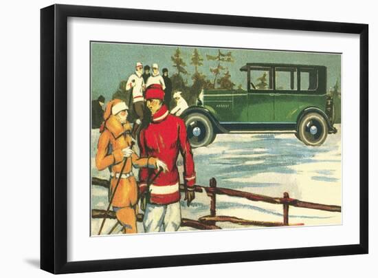 Vintage Touring Car with Skiers-null-Framed Art Print