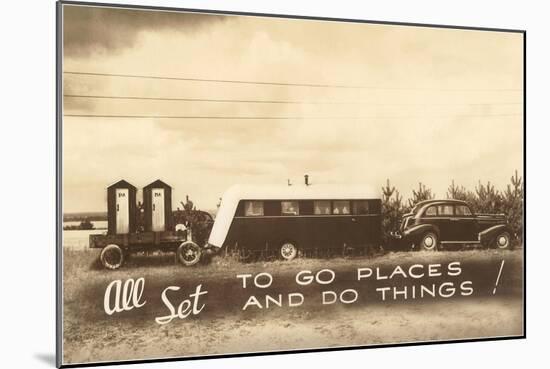 Vintage Travel Trailer with Outhouses-null-Mounted Art Print