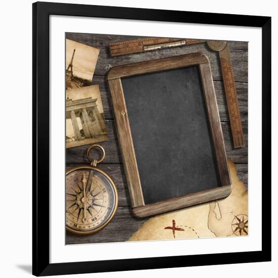 Vintage Treasure Map, Old Compass Still Life-Andrey_Kuzmin-Framed Art Print