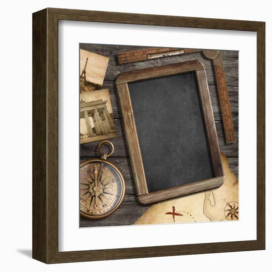 Vintage Treasure Map, Old Compass Still Life-Andrey_Kuzmin-Framed Art Print