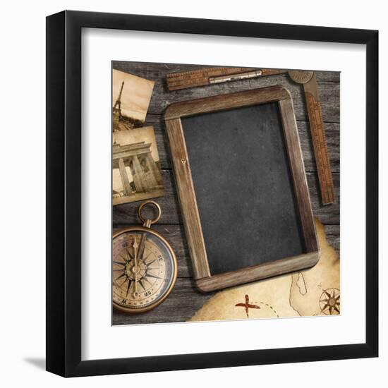 Vintage Treasure Map, Old Compass Still Life-Andrey_Kuzmin-Framed Art Print