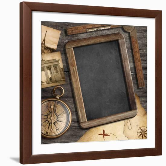 Vintage Treasure Map, Old Compass Still Life-Andrey_Kuzmin-Framed Art Print