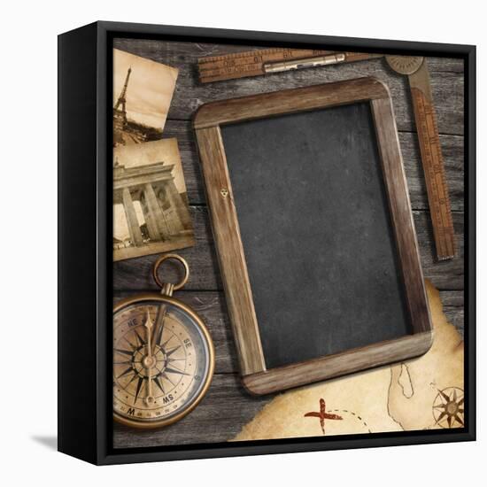 Vintage Treasure Map, Old Compass Still Life-Andrey_Kuzmin-Framed Stretched Canvas