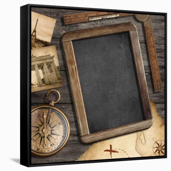 Vintage Treasure Map, Old Compass Still Life-Andrey_Kuzmin-Framed Stretched Canvas