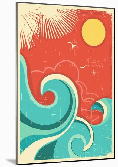Vintage Tropical Background With Sea Waves And Sun-null-Mounted Poster