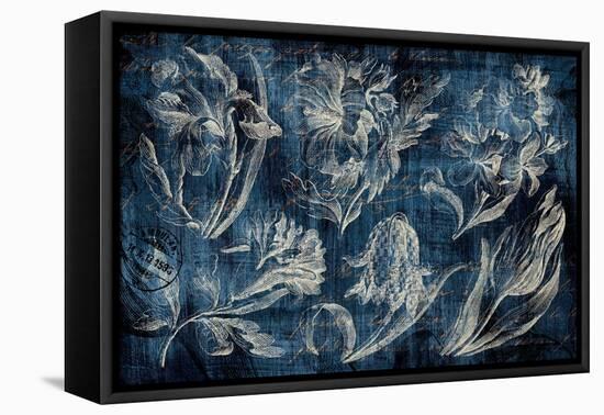 Vintage Tulip Floral Etching Indigo-Hugo Wild-Framed Stretched Canvas