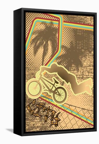 Vintage Urban Grunge Background Design with Bmx Biker Silhouette. Vector Illustration.-shockymocky-Framed Stretched Canvas