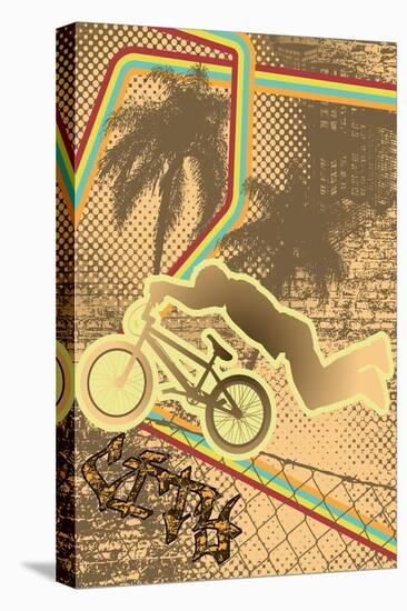 Vintage Urban Grunge Background Design with Bmx Biker Silhouette. Vector Illustration.-shockymocky-Stretched Canvas