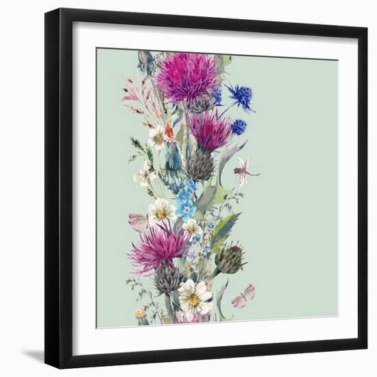 Vintage Vertical Watercolor Herbal Seamless Border with Blooming Meadow Flowers-Thistles Dandelions-depiano-Framed Art Print