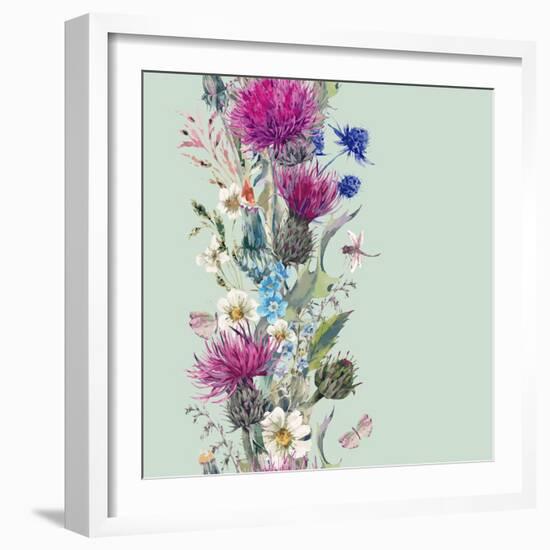 Vintage Vertical Watercolor Herbal Seamless Border with Blooming Meadow Flowers-Thistles Dandelions-depiano-Framed Art Print