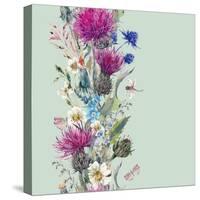 Vintage Vertical Watercolor Herbal Seamless Border with Blooming Meadow Flowers-Thistles Dandelions-depiano-Stretched Canvas