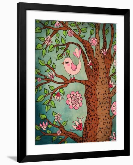 Vintage Wallpaper: Cute Bird Perched On A Flowering Tree-LanaN.-Framed Art Print