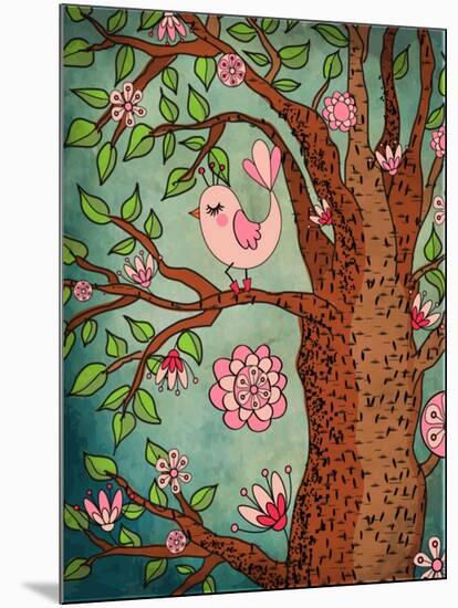 Vintage Wallpaper: Cute Bird Perched On A Flowering Tree-LanaN.-Mounted Art Print
