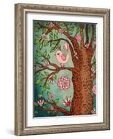 Vintage Wallpaper: Cute Bird Perched On A Flowering Tree-LanaN.-Framed Art Print