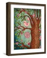 Vintage Wallpaper: Cute Bird Perched On A Flowering Tree-LanaN.-Framed Art Print