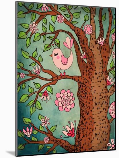 Vintage Wallpaper: Cute Bird Perched On A Flowering Tree-LanaN.-Mounted Art Print