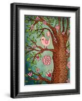 Vintage Wallpaper: Cute Bird Perched On A Flowering Tree-LanaN.-Framed Art Print