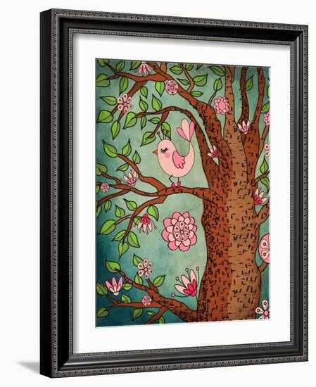 Vintage Wallpaper: Cute Bird Perched On A Flowering Tree-LanaN.-Framed Art Print