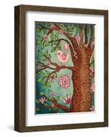 Vintage Wallpaper: Cute Bird Perched On A Flowering Tree-LanaN.-Framed Art Print