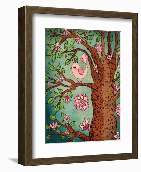 Vintage Wallpaper: Cute Bird Perched On A Flowering Tree-LanaN.-Framed Art Print