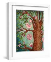 Vintage Wallpaper: Cute Bird Perched On A Flowering Tree-LanaN.-Framed Art Print