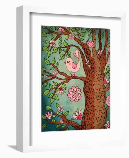 Vintage Wallpaper: Cute Bird Perched On A Flowering Tree-LanaN.-Framed Art Print