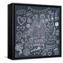 Vintage Wedding Set in Cartoon Style on Chalkboard Background-smilewithjul-Framed Stretched Canvas