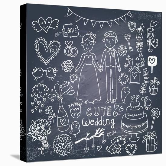 Vintage Wedding Set in Cartoon Style on Chalkboard Background-smilewithjul-Stretched Canvas