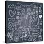 Vintage Wedding Set in Cartoon Style on Chalkboard Background-smilewithjul-Stretched Canvas