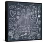 Vintage Wedding Set in Cartoon Style on Chalkboard Background-smilewithjul-Framed Stretched Canvas