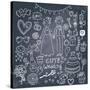 Vintage Wedding Set in Cartoon Style on Chalkboard Background-smilewithjul-Stretched Canvas