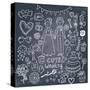 Vintage Wedding Set in Cartoon Style on Chalkboard Background-smilewithjul-Stretched Canvas