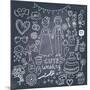 Vintage Wedding Set in Cartoon Style on Chalkboard Background-smilewithjul-Mounted Art Print