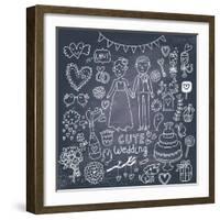 Vintage Wedding Set in Cartoon Style on Chalkboard Background-smilewithjul-Framed Art Print