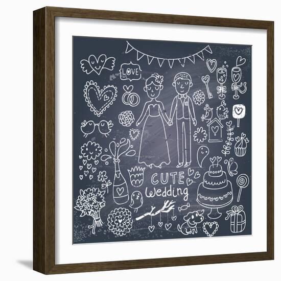 Vintage Wedding Set in Cartoon Style on Chalkboard Background-smilewithjul-Framed Art Print