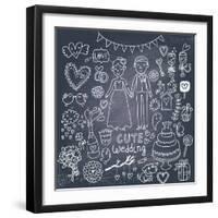 Vintage Wedding Set in Cartoon Style on Chalkboard Background-smilewithjul-Framed Art Print