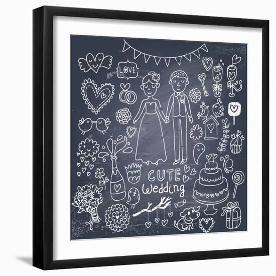 Vintage Wedding Set in Cartoon Style on Chalkboard Background-smilewithjul-Framed Art Print