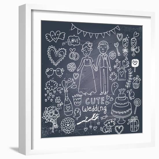 Vintage Wedding Set in Cartoon Style on Chalkboard Background-smilewithjul-Framed Art Print