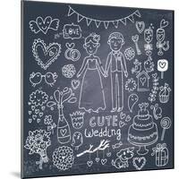 Vintage Wedding Set in Cartoon Style on Chalkboard Background-smilewithjul-Mounted Art Print