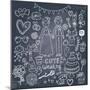 Vintage Wedding Set in Cartoon Style on Chalkboard Background-smilewithjul-Mounted Art Print