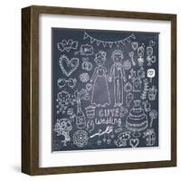 Vintage Wedding Set in Cartoon Style on Chalkboard Background-smilewithjul-Framed Art Print